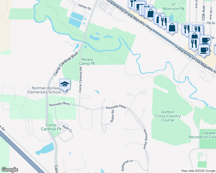 map of restaurants, bars, coffee shops, grocery stores, and more near 1236 Camp Cardinal Road in Iowa City