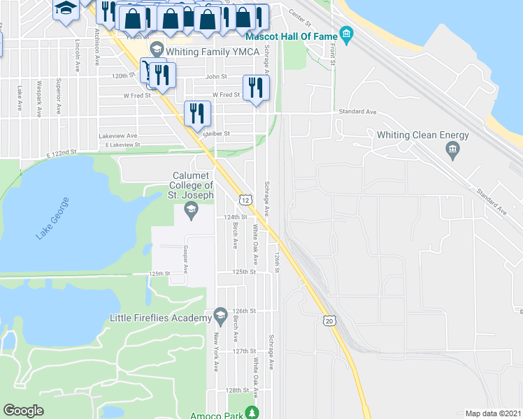 map of restaurants, bars, coffee shops, grocery stores, and more near 2342 Schrage Ave in Whiting