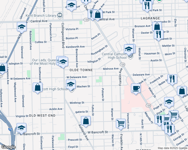 map of restaurants, bars, coffee shops, grocery stores, and more near 234 West Delaware Avenue in Toledo