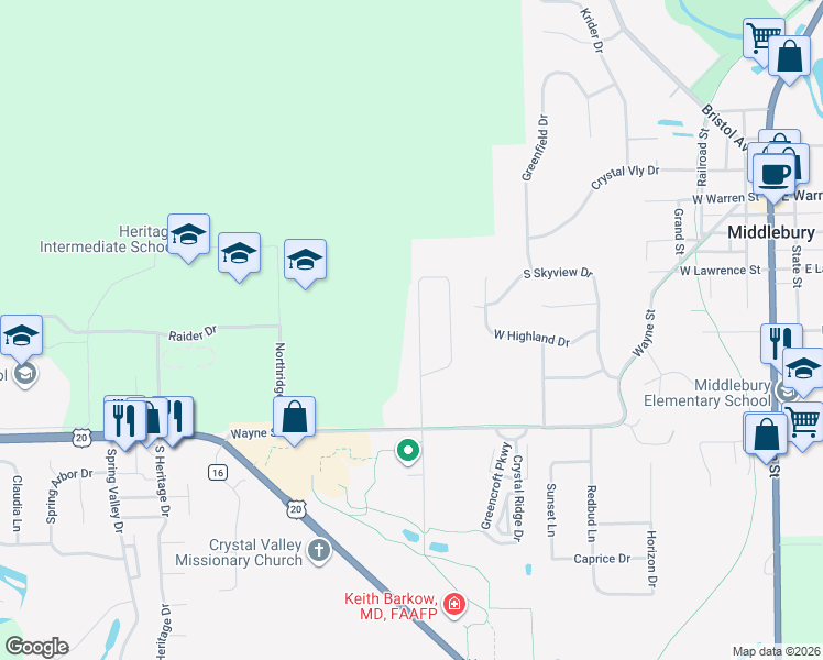 map of restaurants, bars, coffee shops, grocery stores, and more near 311 Twin Oaks Drive in Middlebury