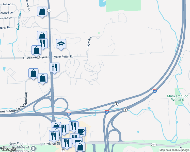 map of restaurants, bars, coffee shops, grocery stores, and more near 23 Eagle Run in East Greenwich