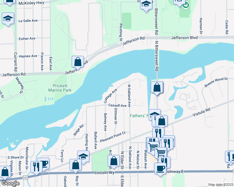 map of restaurants, bars, coffee shops, grocery stores, and more near 634 Dittman Street in Mishawaka