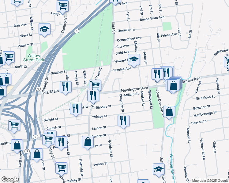 map of restaurants, bars, coffee shops, grocery stores, and more near 60 Newington Avenue in New Britain