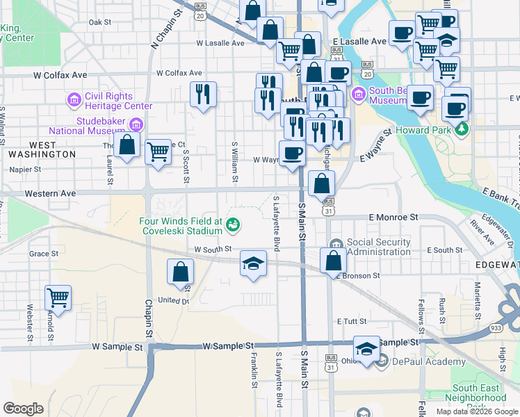 map of restaurants, bars, coffee shops, grocery stores, and more near 29 Franklin Place in South Bend