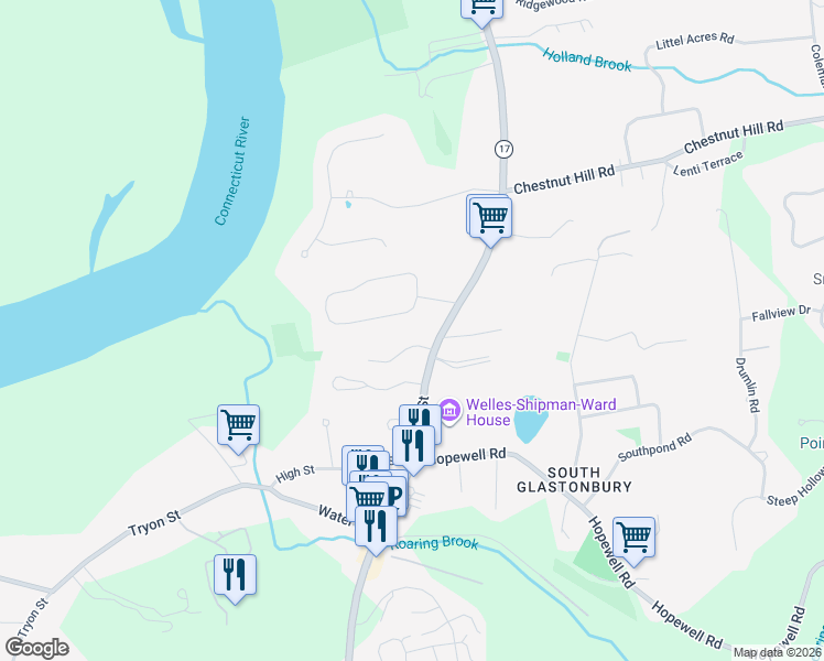 map of restaurants, bars, coffee shops, grocery stores, and more near 16 Southgate Drive in Glastonbury