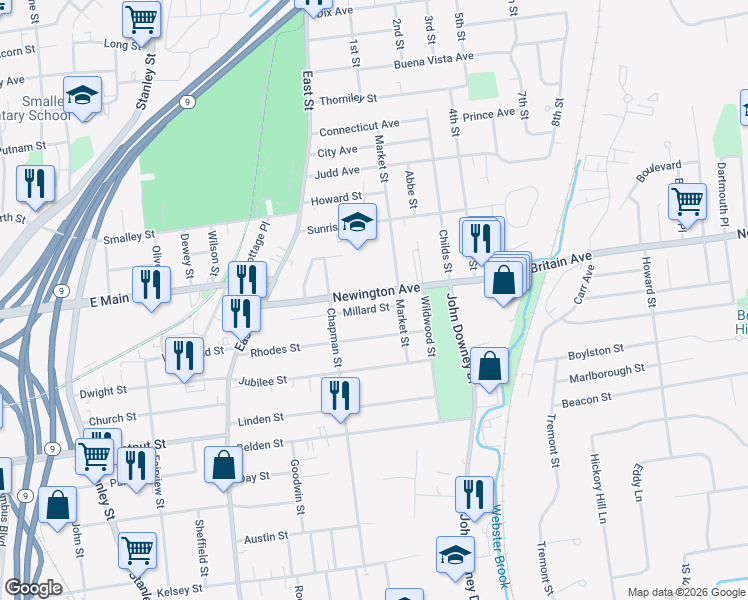 map of restaurants, bars, coffee shops, grocery stores, and more near 137 Newington Avenue in New Britain