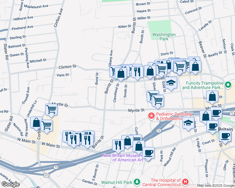 map of restaurants, bars, coffee shops, grocery stores, and more near 114 Cleveland Street in New Britain