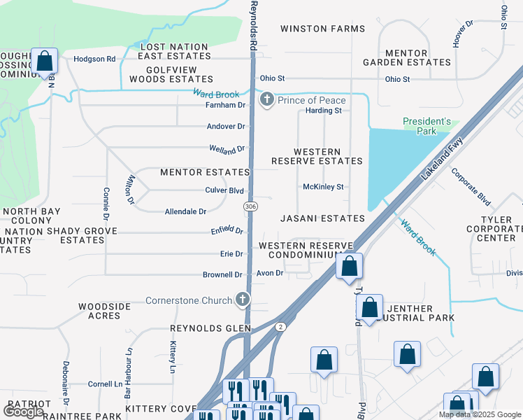 map of restaurants, bars, coffee shops, grocery stores, and more near 7325 Reynolds Road in Mentor