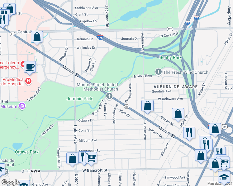map of restaurants, bars, coffee shops, grocery stores, and more near 1643 South Cove Boulevard in Toledo