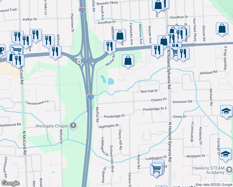 map of restaurants, bars, coffee shops, grocery stores, and more near 2774 Sweetbriar Court in Toledo