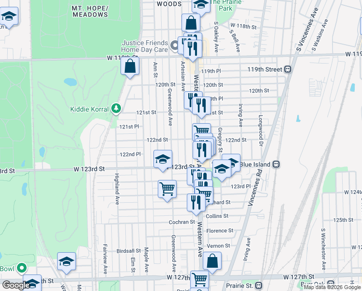 map of restaurants, bars, coffee shops, grocery stores, and more near 12207 Greenwood Avenue in Blue Island
