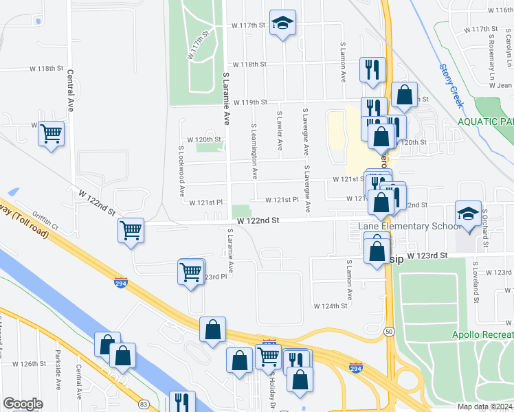 map of restaurants, bars, coffee shops, grocery stores, and more near 5117 W 121st Pl in Alsip