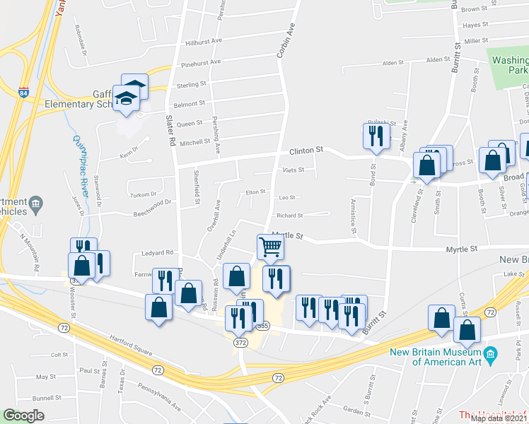 map of restaurants, bars, coffee shops, grocery stores, and more near 1388 Corbin Ave in New Britain