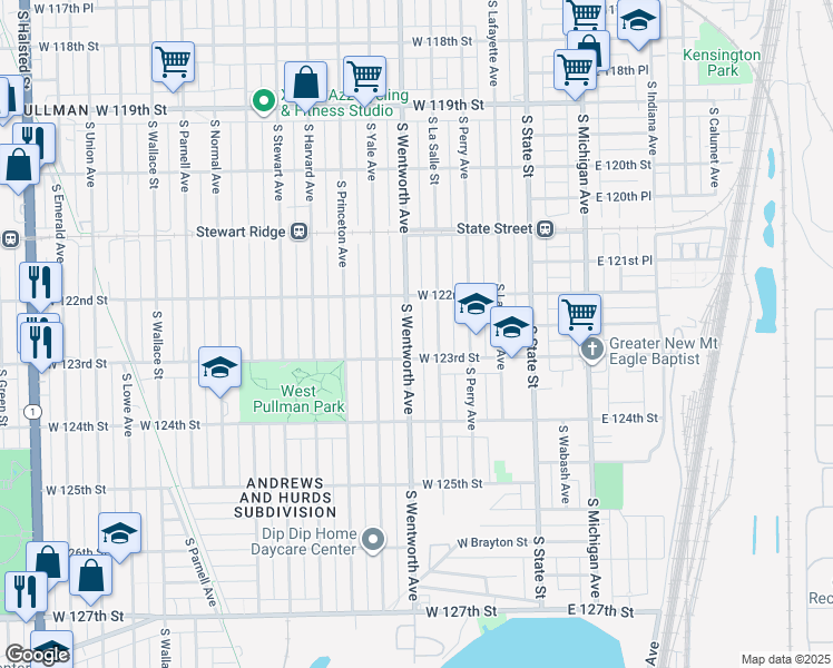 map of restaurants, bars, coffee shops, grocery stores, and more near 12233 South Wentworth Avenue in Chicago
