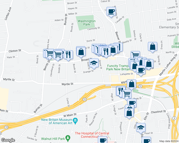 map of restaurants, bars, coffee shops, grocery stores, and more near 60 Orange St in New Britain