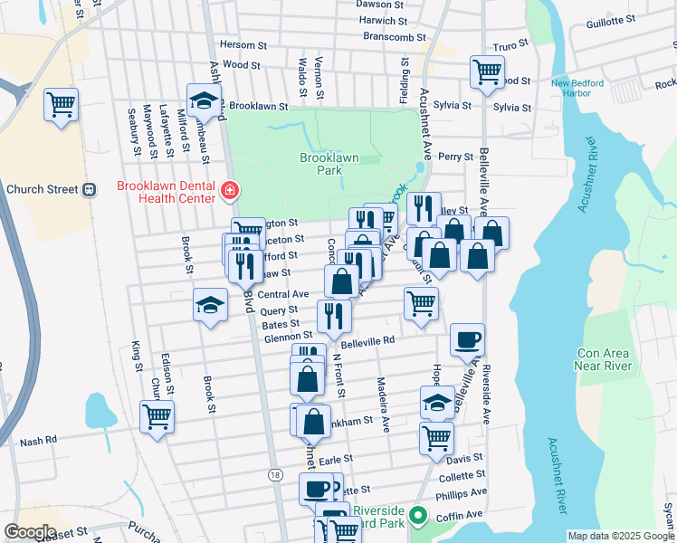 map of restaurants, bars, coffee shops, grocery stores, and more near 40 Concord Street in New Bedford