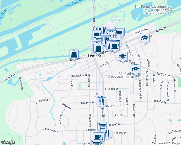 map of restaurants, bars, coffee shops, grocery stores, and more near 102 Cass Street in Lemont