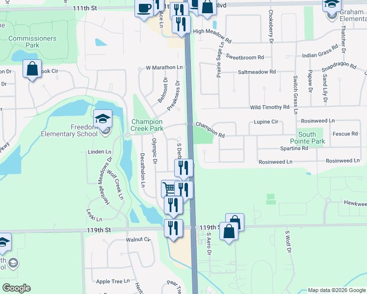 map of restaurants, bars, coffee shops, grocery stores, and more near 11605 South Derby Lane in Plainfield