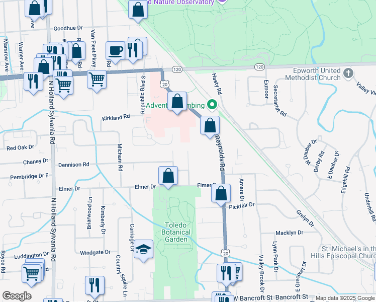 map of restaurants, bars, coffee shops, grocery stores, and more near Westmar Court in Toledo