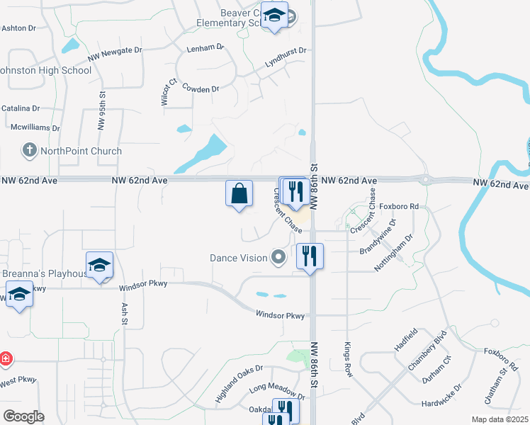 map of restaurants, bars, coffee shops, grocery stores, and more near 8700 Crescent Chase in Johnston