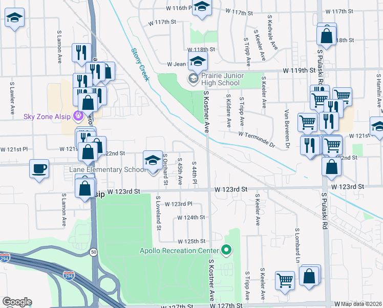map of restaurants, bars, coffee shops, grocery stores, and more near 12214 South 44th Place in Alsip