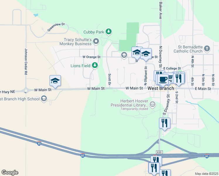 map of restaurants, bars, coffee shops, grocery stores, and more near 100 Scott Drive in West Branch