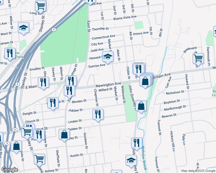 map of restaurants, bars, coffee shops, grocery stores, and more near 137 Newington Avenue in New Britain