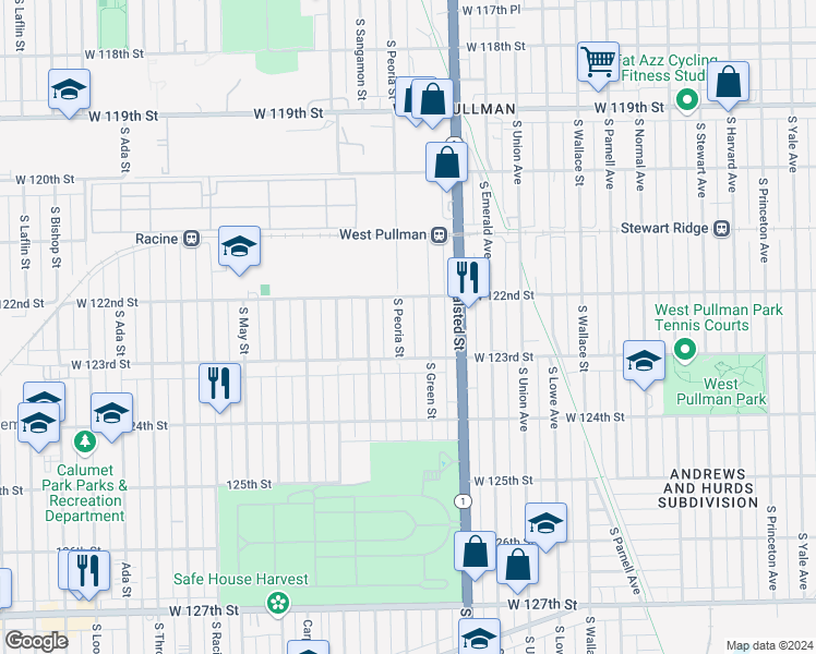 map of restaurants, bars, coffee shops, grocery stores, and more near 12229 South Peoria Street in Chicago