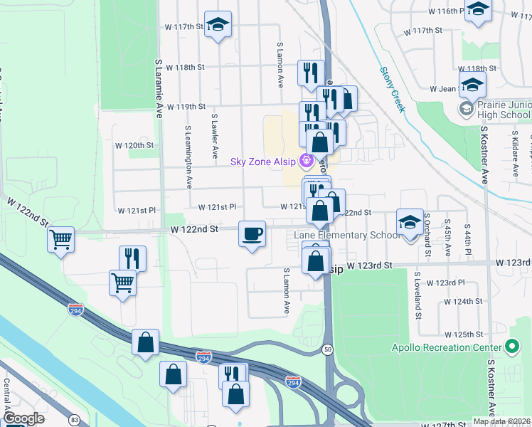 map of restaurants, bars, coffee shops, grocery stores, and more near 4867 West 121st Place in Alsip