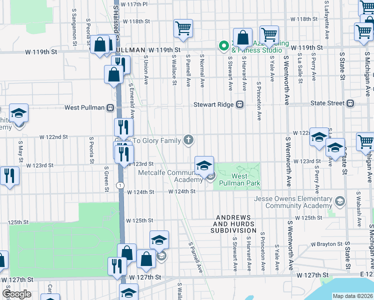 map of restaurants, bars, coffee shops, grocery stores, and more near 12242 South Parnell Avenue in Chicago