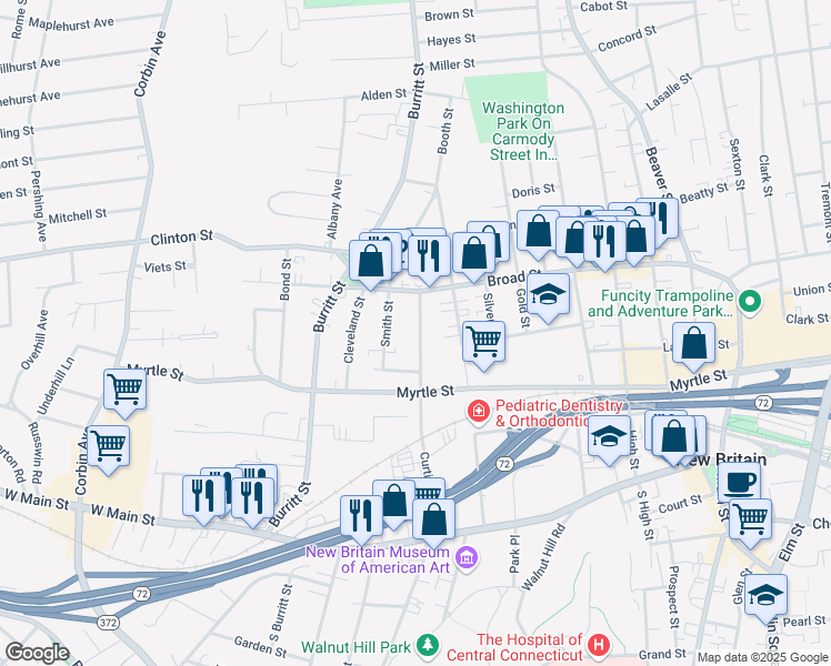 map of restaurants, bars, coffee shops, grocery stores, and more near 202 Curtis Street in New Britain