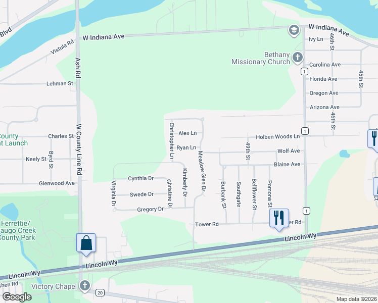 map of restaurants, bars, coffee shops, grocery stores, and more near 30510 Ryan Ln in Elkhart