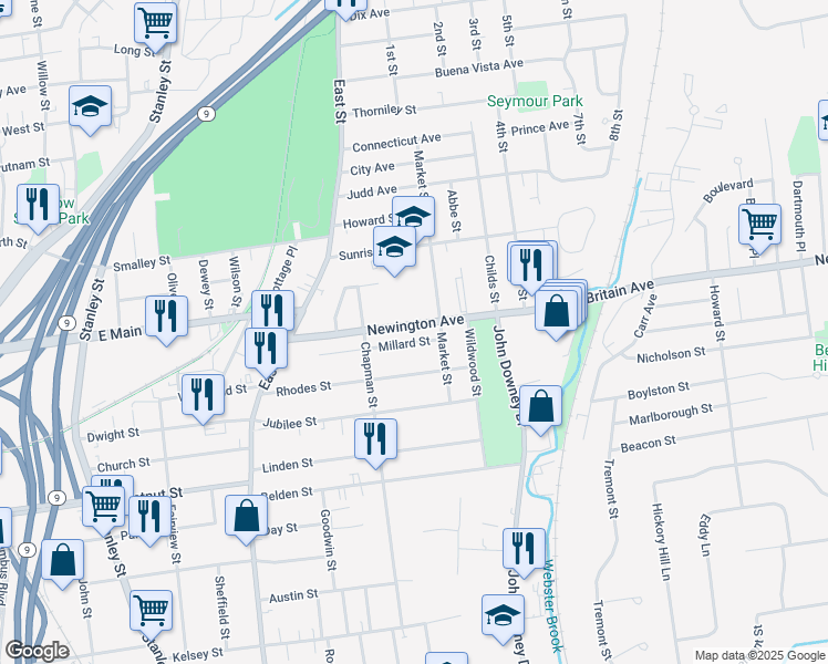 map of restaurants, bars, coffee shops, grocery stores, and more near 137 Newington Avenue in New Britain