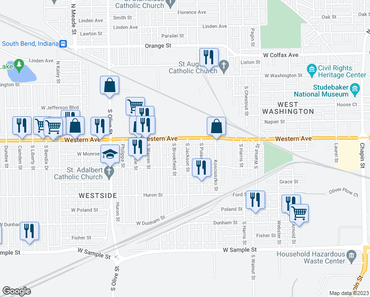 map of restaurants, bars, coffee shops, grocery stores, and more near 417 South Jackson Street in South Bend