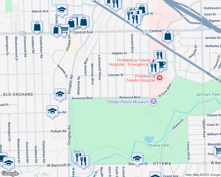 map of restaurants, bars, coffee shops, grocery stores, and more near 2632 Sherbrooke Rd in Toledo