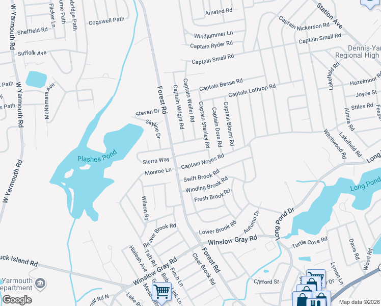 map of restaurants, bars, coffee shops, grocery stores, and more near 21 Captain Bearse Road in Yarmouth