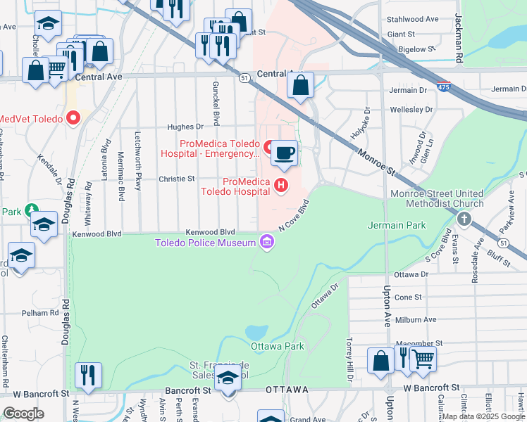 map of restaurants, bars, coffee shops, grocery stores, and more near 2630 Midwood Avenue in Toledo