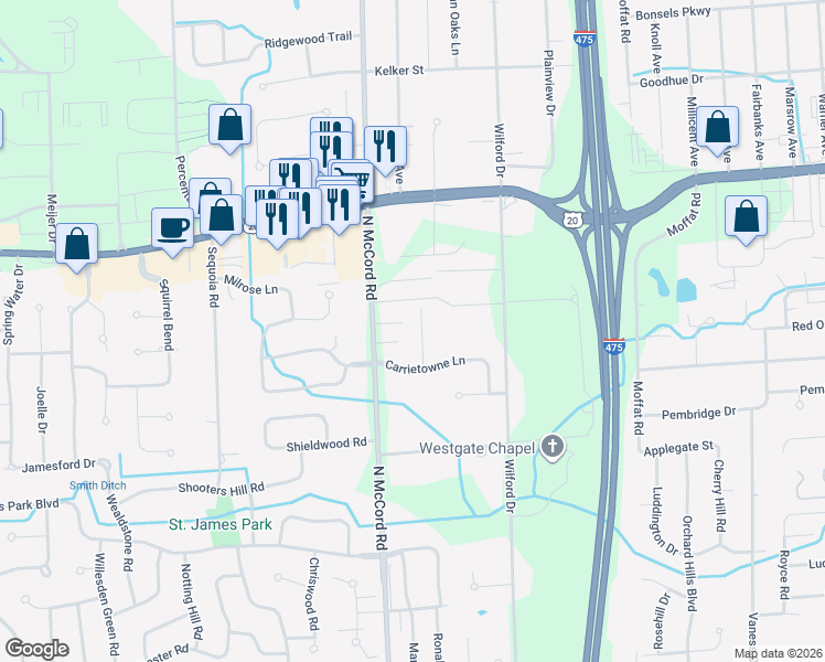 map of restaurants, bars, coffee shops, grocery stores, and more near 2823 Page Lindsay Lane in Toledo