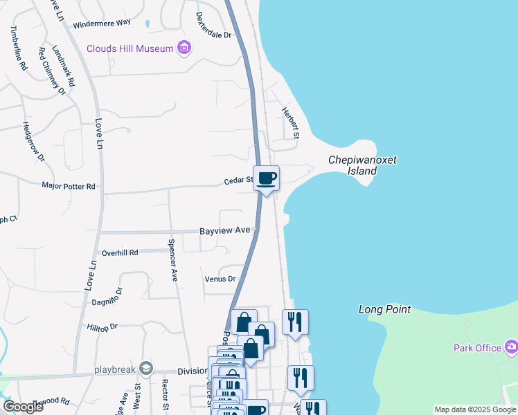 map of restaurants, bars, coffee shops, grocery stores, and more near 4383 Post Road in East Greenwich