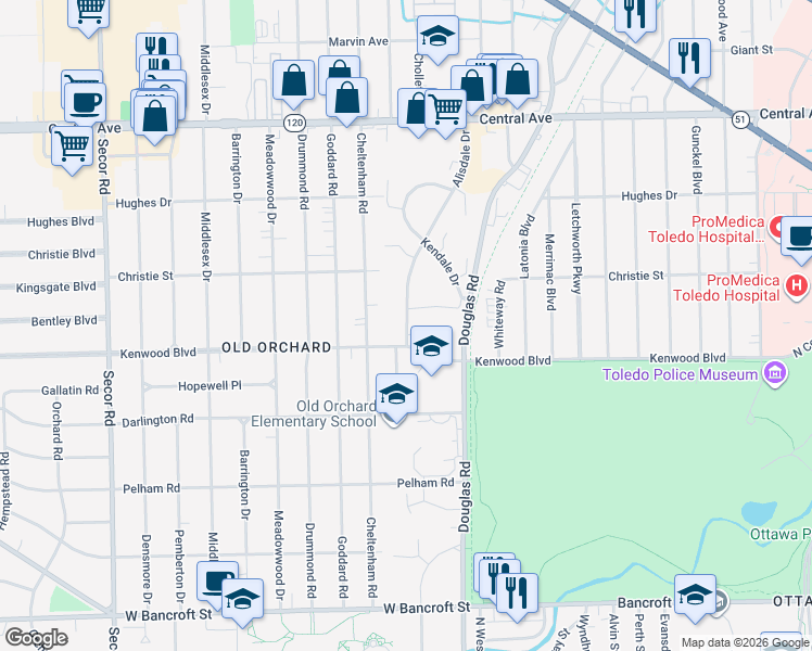 map of restaurants, bars, coffee shops, grocery stores, and more near 2704 Kenwood Boulevard in Toledo