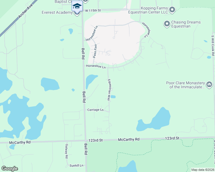 map of restaurants, bars, coffee shops, grocery stores, and more near 9 Equestrian Way in Lemont