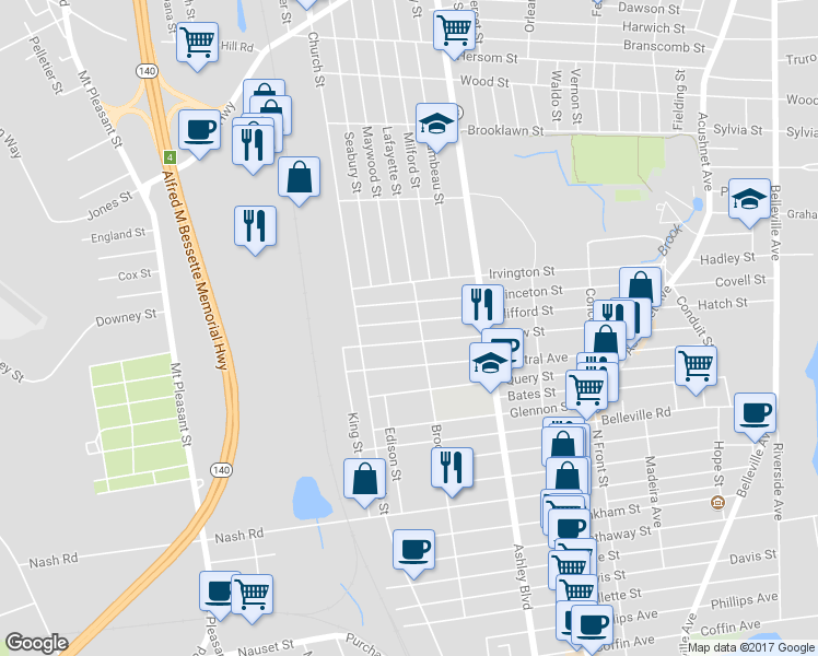 map of restaurants, bars, coffee shops, grocery stores, and more near 270 Clifford Street in New Bedford