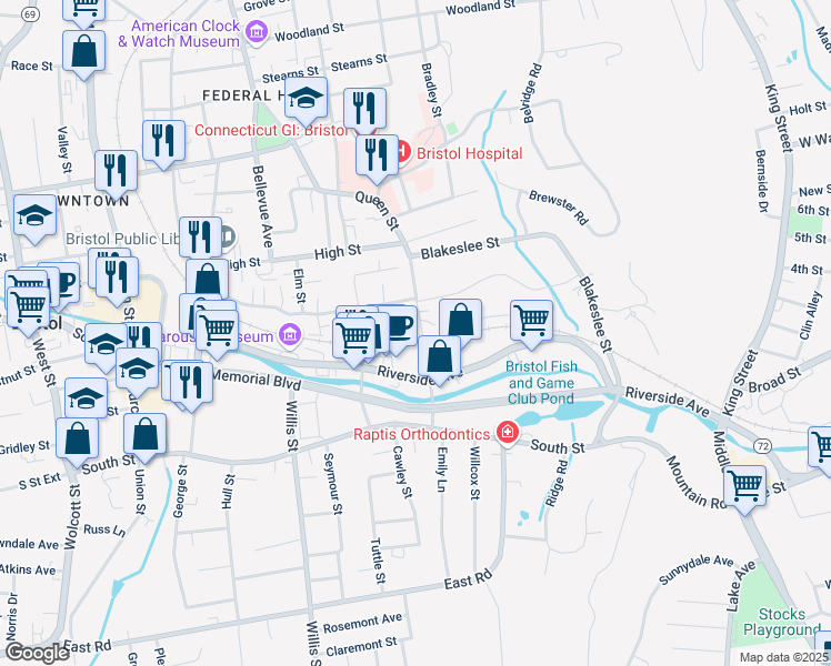 map of restaurants, bars, coffee shops, grocery stores, and more near 330 Queen Street in Bristol