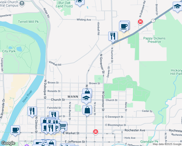 map of restaurants, bars, coffee shops, grocery stores, and more near 902 North Dodge Street in Iowa City