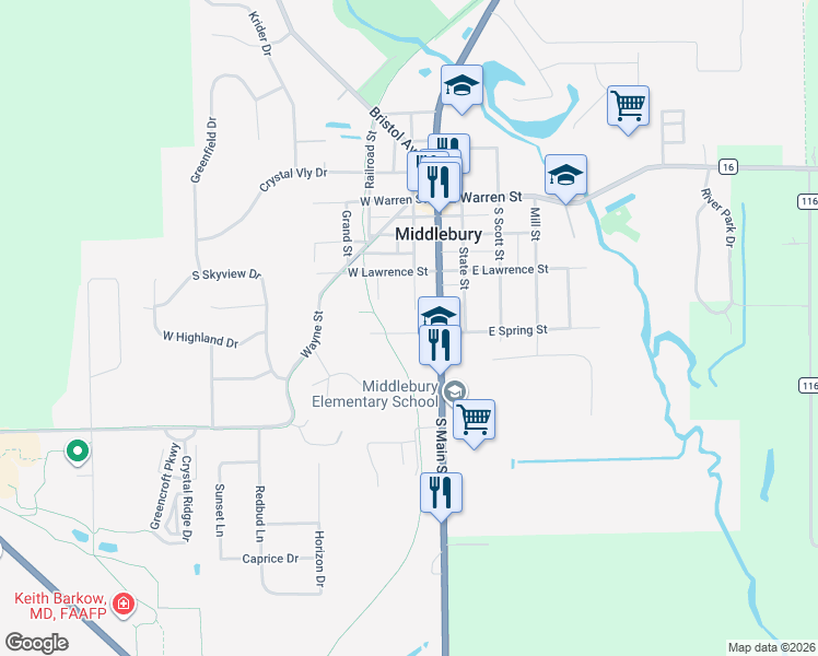 map of restaurants, bars, coffee shops, grocery stores, and more near 200 Spring St in Middlebury