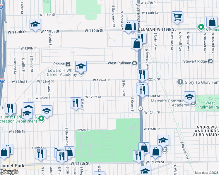 map of restaurants, bars, coffee shops, grocery stores, and more near 12225 S Morgan St in Chicago