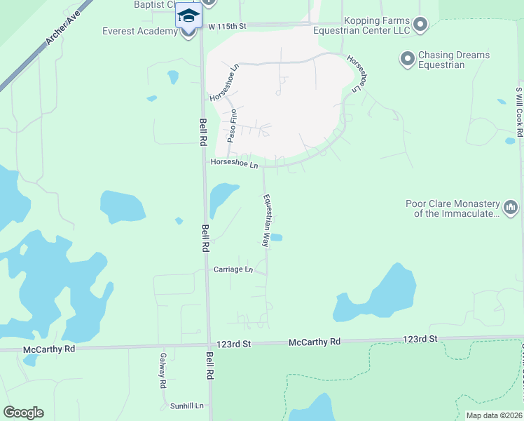map of restaurants, bars, coffee shops, grocery stores, and more near 9 Equestrian Way in Lemont