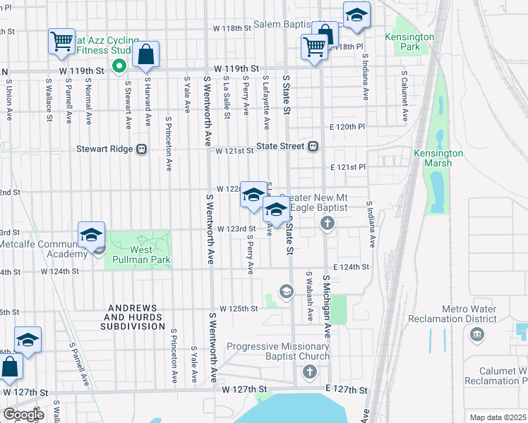 map of restaurants, bars, coffee shops, grocery stores, and more near 12232 South Lafayette Avenue in Chicago