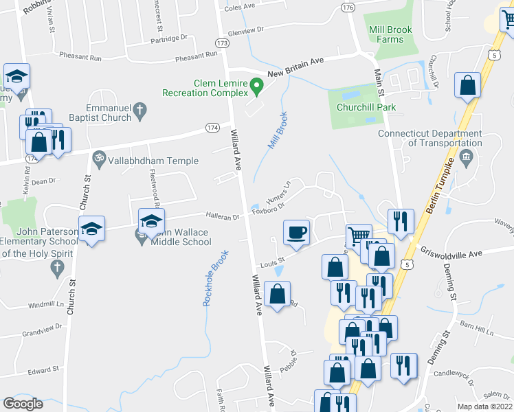 map of restaurants, bars, coffee shops, grocery stores, and more near 47 Hunters Lane in Newington