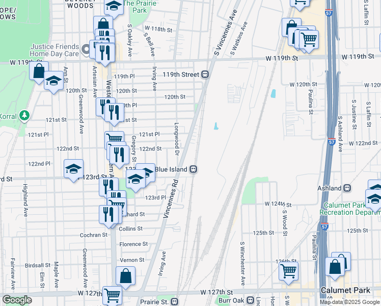 map of restaurants, bars, coffee shops, grocery stores, and more near 12211 Vincennes Road in Blue Island